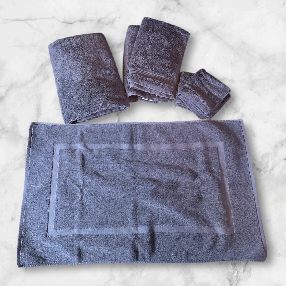 Bathroom towels and bath mat lot gray made in Turkey genuine cotton